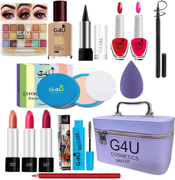 G4U All in One Makeup Kit Gift Set,High Quality Eyeshadow, Waterproof Black Eyeliner Pen,Foundation, 3 Lipsticks,Kajal,Lip Liner,Puff,Mascara, 2 nail Polish,Compact ,Perfect for Party makeup Casual makeup Wedding makeup With Makeup Box (Set Of 18Pcs) ST 90