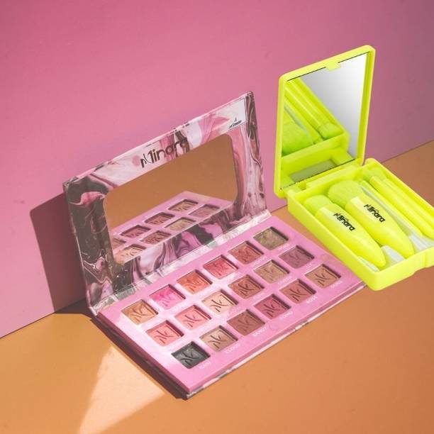 MINARA All in one Makeup Kit 18 color Eyeshadow (Rose) with 5 Makeup Brushes (Green)