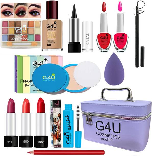 G4U All in One Makeup Kit Gift Set,High Quality Eyeshadow, Waterproof Black Eyeliner Pen,Foundation, 3 Lipsticks,Kajal,Lip Liner,Puff,Mascara, 2 nail Polish,Compact ,Perfect for Party makeup Casual makeup Wedding makeup With Makeup Box (Set Of 18Pcs) ST 28