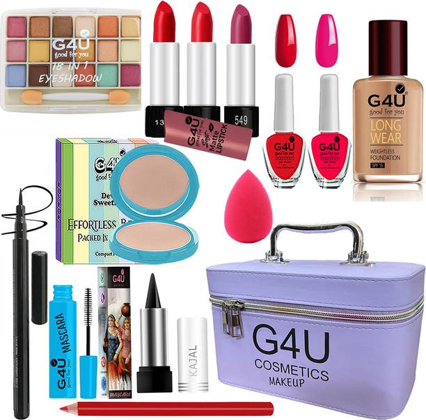 G4U All in One Makeup Kit Gift Set,High Quality Eyeshadow, Waterproof Black Eyeliner Pen,Foundation, 3 Lipsticks,Kajal,Lip Liner,Puff,Mascara, 2 nail Polish,Compact ,Perfect for Party makeup Casual makeup Wedding makeup With Makeup Box (Set Of 18Pcs) ST 54