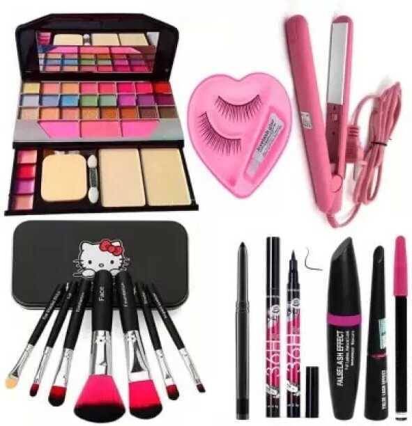 TUMR 6155 MAKEUP KIT + EYELASHES + STRAIGHTNER + ALL IN MAKEUP COMBO PACK
