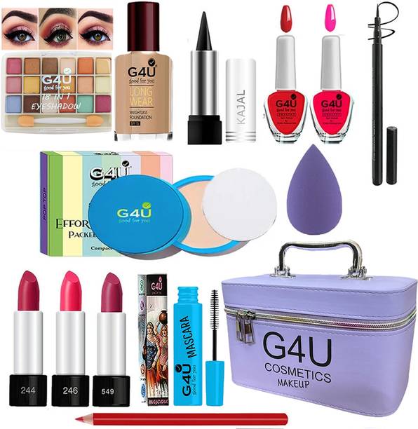 G4U All in One Makeup Kit Gift Set,High Quality Eyeshadow, Waterproof Black Eyeliner Pen,Foundation, 3 Lipsticks,Kajal,Lip Liner,Puff,Mascara, 2 nail Polish,Compact ,Perfect for Party makeup Casual makeup Wedding makeup With Makeup Box (Set Of 18Pcs) ST 37