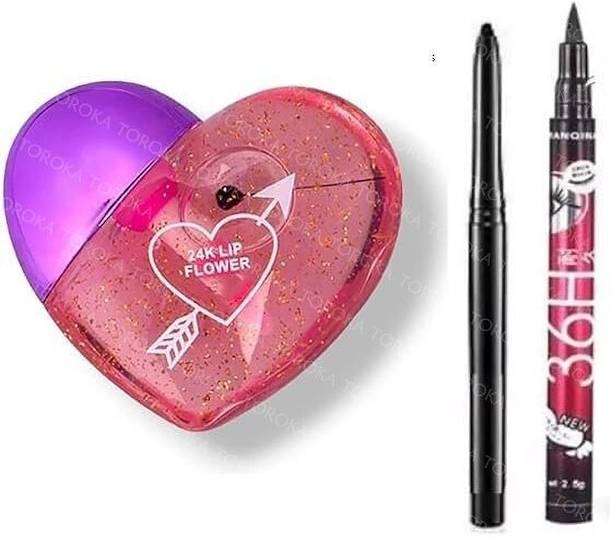toroka Beauty Combo Of Lip Gloss and 36H Eyeliner And 1 Kajal Pencil-(Pack Of 3)