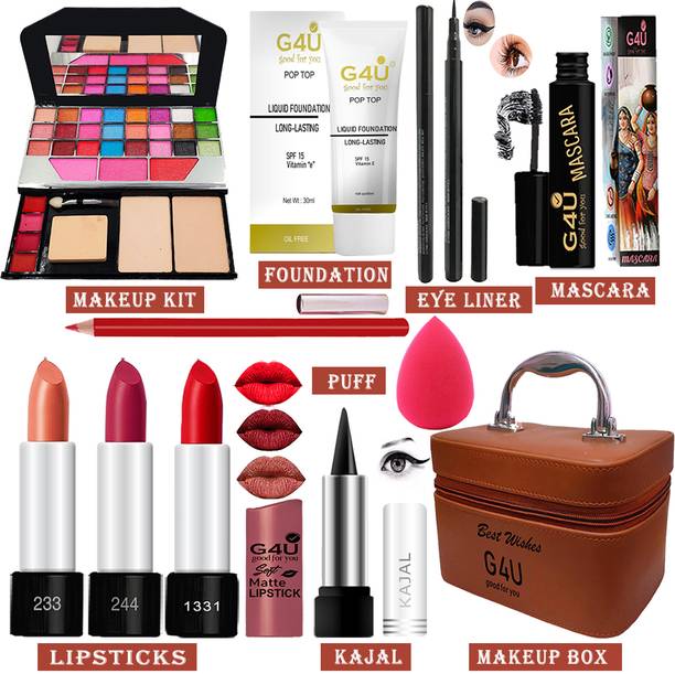 G4U All in One Makeup Kit Gift Set,High Quality Eyeshadow, Waterproof Black Eyeliner Pen,Foundation, 3 Lipsticks,Kajal,Lip Liner,Puff,Mascara, Perfect for Party makeup Casual makeup Wedding makeup With Makeup Box (Set Of 11Pcs) ST 82