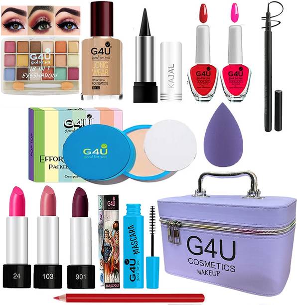 G4U All in One Makeup Kit Gift Set,High Quality Eyeshadow, Waterproof Black Eyeliner Pen,Foundation, 3 Lipsticks,Kajal,Lip Liner,Puff,Mascara, 2 nail Polish,Compact ,Perfect for Party makeup Casual makeup Wedding makeup With Makeup Box (Set Of 18Pcs) ST 68