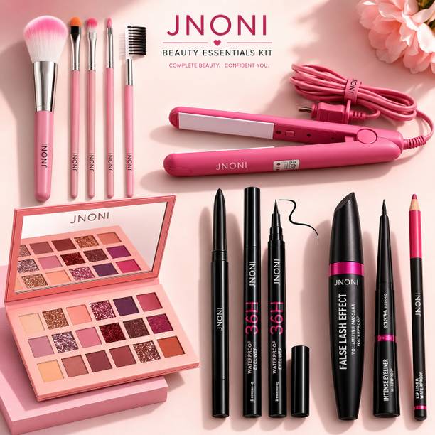JNONI Eyeshadow Palette + 3 in 1 Makeup Kit + 5 Pcs Brush Set + Straightener +Kajal
