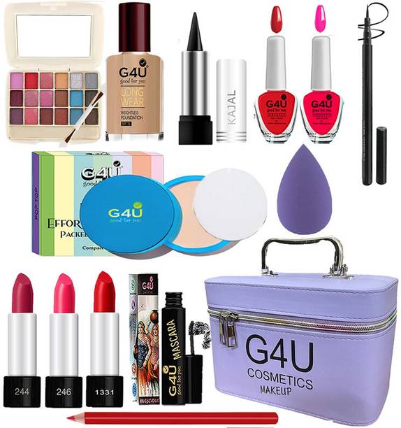 G4U All in One Makeup Kit Gift Set,High Quality Eyeshadow, Waterproof Black Eyeliner Pen,Foundation, 3 Lipsticks,Kajal,Lip Liner,Puff,Mascara, 2 nail Polish,Compact ,Perfect for Party makeup Casual makeup Wedding makeup With Makeup Box (Set Of 18Pcs) ST 11