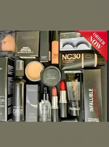 lately makeup kit of fixer primer foundation concealer serum loose powder & eyelash puf