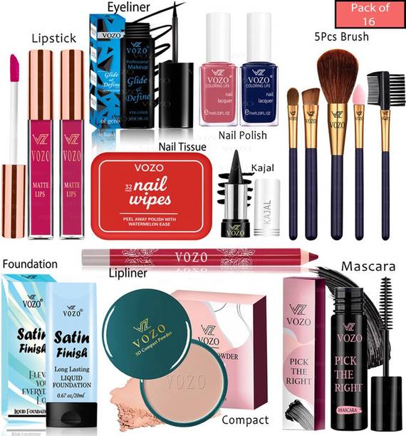 VOZO Professional Makeup Kit 16 Pcs | Lip, Eye & Nail Essentials Combo 136