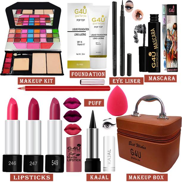G4U All in One Makeup Kit Gift Set,High Quality Eyeshadow, Waterproof Black Eyeliner Pen,Foundation, 3 Lipsticks,Kajal,Lip Liner,Puff,Mascara, Perfect for Party makeup Casual makeup Wedding makeup With Makeup Box (Set Of 11Pcs) ST 36