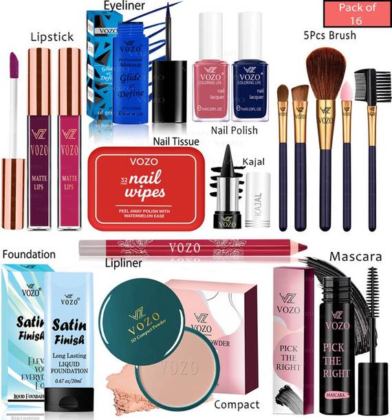 VOZO Professional Makeup Kit 16 Pcs | Lip, Eye & Nail Essentials Combo 165