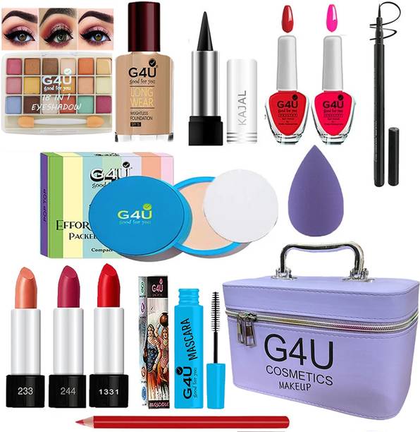 G4U All in One Makeup Kit Gift Set,High Quality Eyeshadow, Waterproof Black Eyeliner Pen,Foundation, 3 Lipsticks,Kajal,Lip Liner,Puff,Mascara, 2 nail Polish,Compact ,Perfect for Party makeup Casual makeup Wedding makeup With Makeup Box (Set Of 18Pcs) ST 82