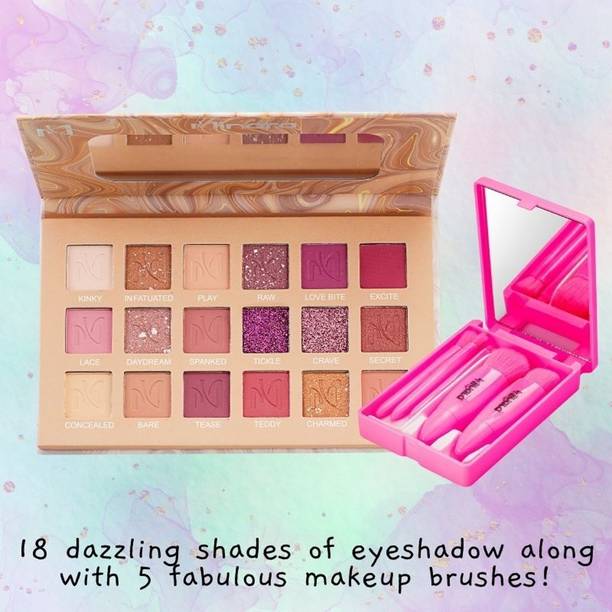 MINARA All in one Makeup Kit 18 color Eyeshadow (Nude) with 5 Makeup Brushes (Pink)