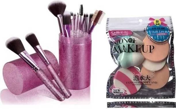 GLOW FIRST 12 Pcs Pink Face & Eye Makeup Brush Set With Box + 6in1 Makeup Sponge Puff Pack