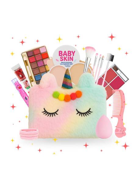Linivya Kids Makeup Kit for Girls & Teens with Unicorn Fur Bag - Real Safe & Non-Toxic