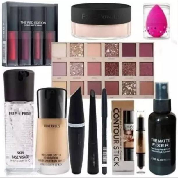 swenky MAKEUP KIT OF fixer primer foundation contour stick & 18color eyeshado+ puff