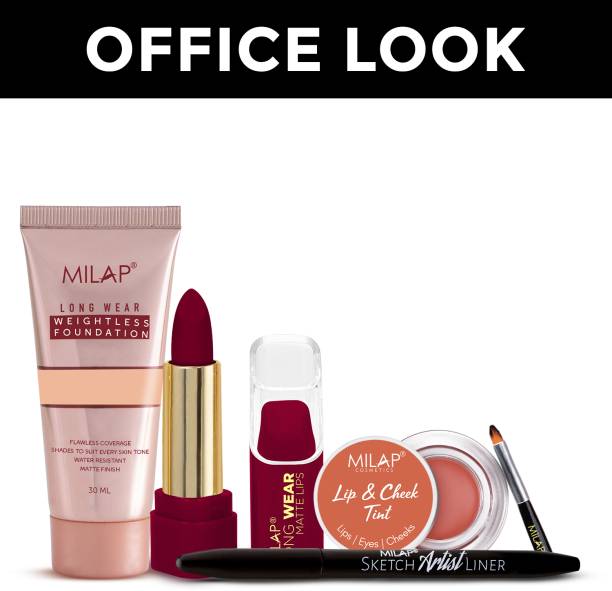 MILAP Office Look Makeup Kit-Foundation+ Lipstick+ Sketch Eyeliner+ Lip Cheek Tint