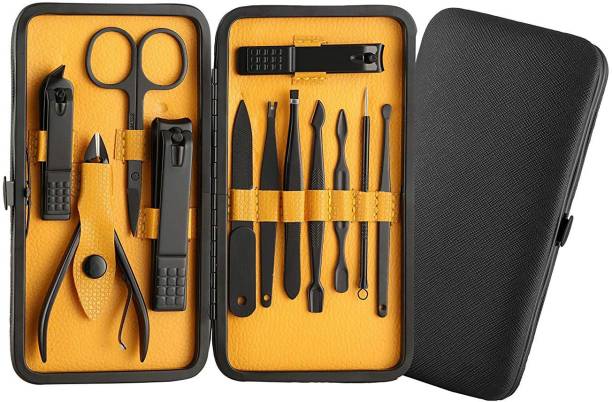 Dr Foot Manicure Set | Pedicure Kit With Black Leather Travel Case, Yellow – 12 in 1
