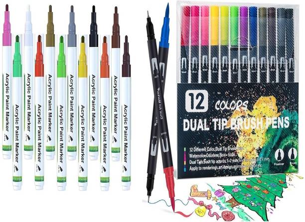 Super Toy 24 Shades Acrylic 12 + 12 Pcs Dual Tip Brush Pens Marker Paint Pens,