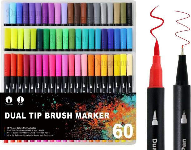Daggeron Dual Tip Brush Marker Pens, 60 Color Markers, Fine Tip and Brush Tip Art Markers