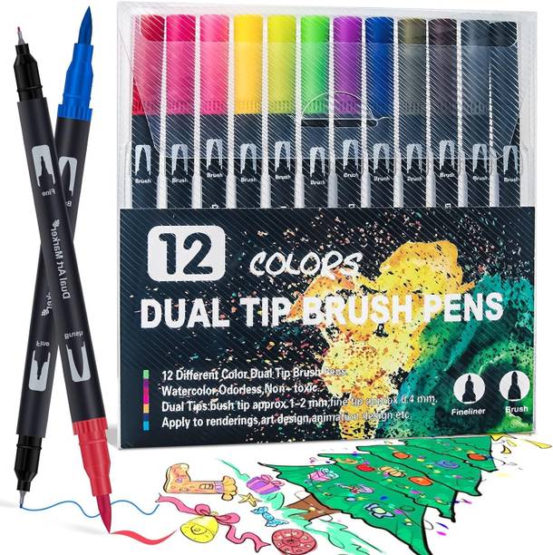 eltihr Kids Stationery Set 12 Colors Brush Fine Liner Pens for Drawing and Craft Nib Sketch Pens