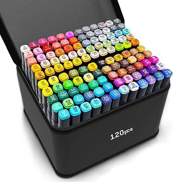 Soucolor 120 Dual Tip Art Markers Set with Carrying Case | Twin Head Sketch Pens