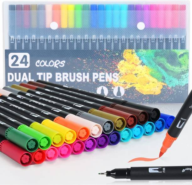 Daggeron Dual Tip Brush Marker Pens, 24 Color Markers, Fine Tip and Brush Tip Art Markers