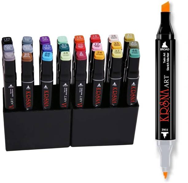 KRSNA ART Set of 24 Twin Headed Dual Tip Alcohol Based Markers (Chisel and Fine Brush) Markers for Coloring, Illustration, Manga, Impression, Good for Art Lovers and Artists