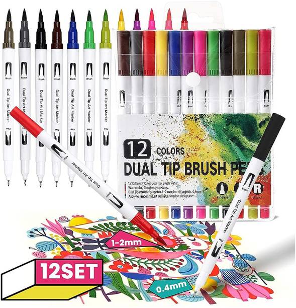 Qatalitic 12 pc Dual Tip Brush Marker Pens, Double End Painting Pen for Drawing & Colour