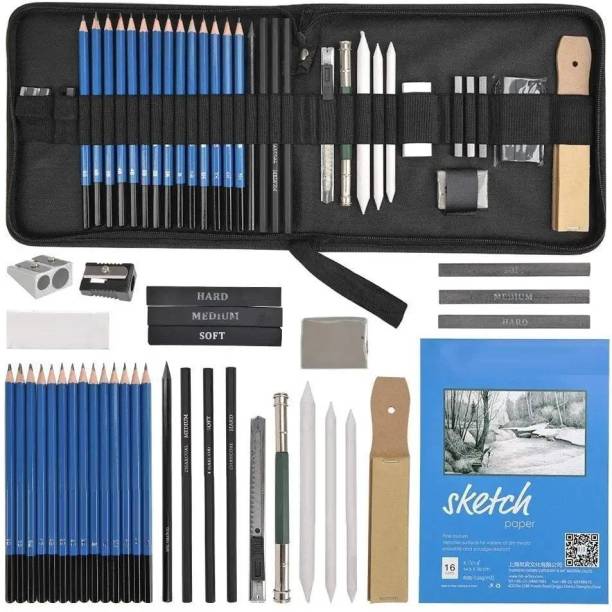 Corslet 35 Pc Art Sketching Kit Graphite Charcoal Drawing Pencil Set for Artist Kit