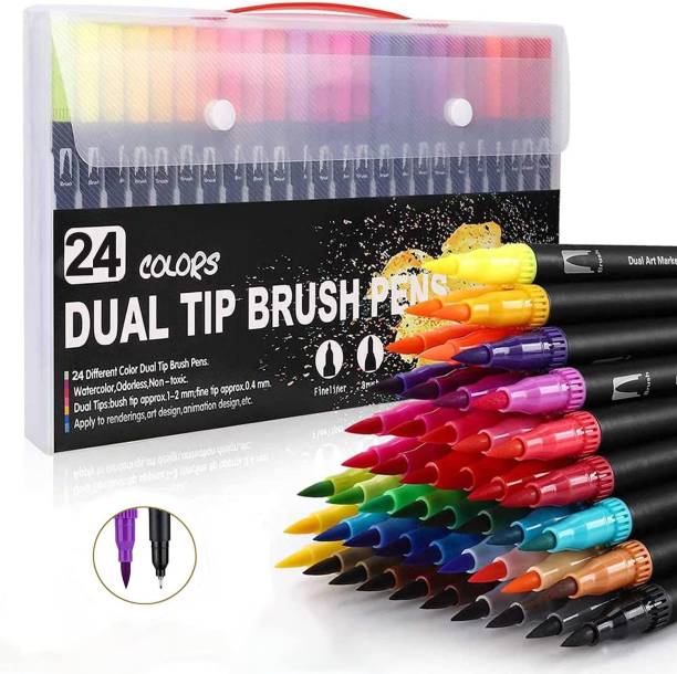 Corslet 24 Pcs Dual Tip Art Pens Color Dual Marker Brush Water Based Marker for Drawing