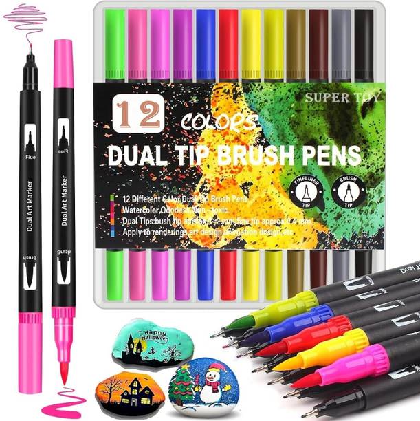 Harinder 12 Shades Dual Tip Brush Marker Pens Set for Coloring, Calligraphy & Art
