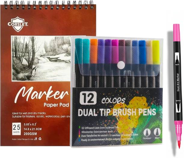 Soucolor 12 Pcs Dual Tip Brush Pens Felt Tip Pen Set 12 Colors With 25 Sheet Marker Pad