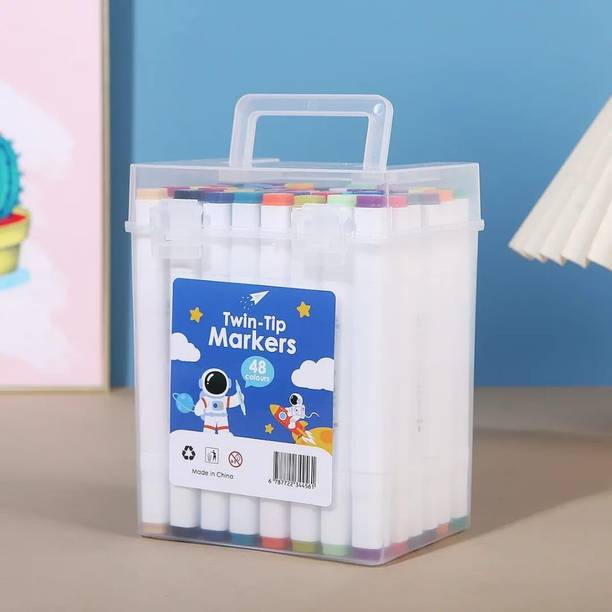 Himanshi Plus 48Pcs Alcohol Based Dual Head Broad and Fine Tip Marker Drawing Pen with Box