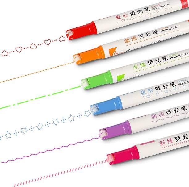 Levin Curve Highlighter Pen Set, 6PCS Flownwing Flair Pens with 6Different Shape ,