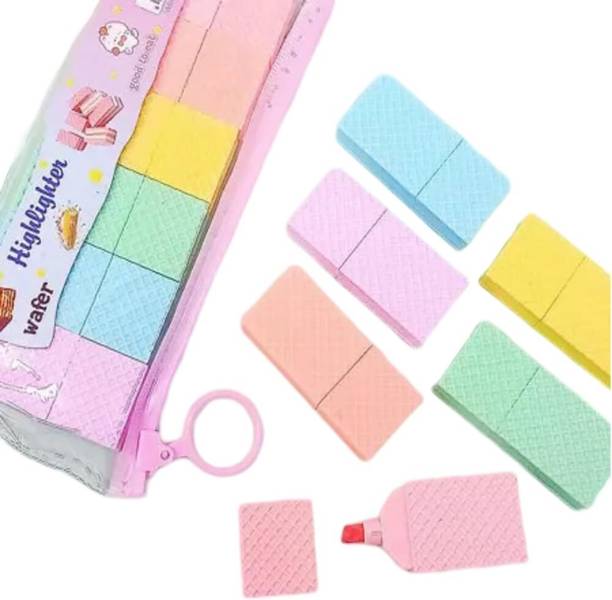KidsZeeNie Pastel Wafer Biscuit Shape Smudge Proof Highlighter Pen Kawaii Stationary Set