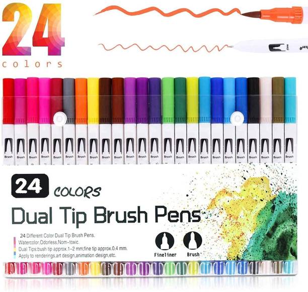 Rangwell Dual Tip Brush Pens 24 Colors Brush Fineliners Pens Art Marker for Drawing