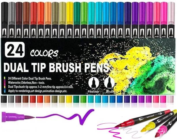 Corslet Dual Tip Brush Marker Pens, 24 Color Markers, Fine Tip and Brush Tip Art Markers