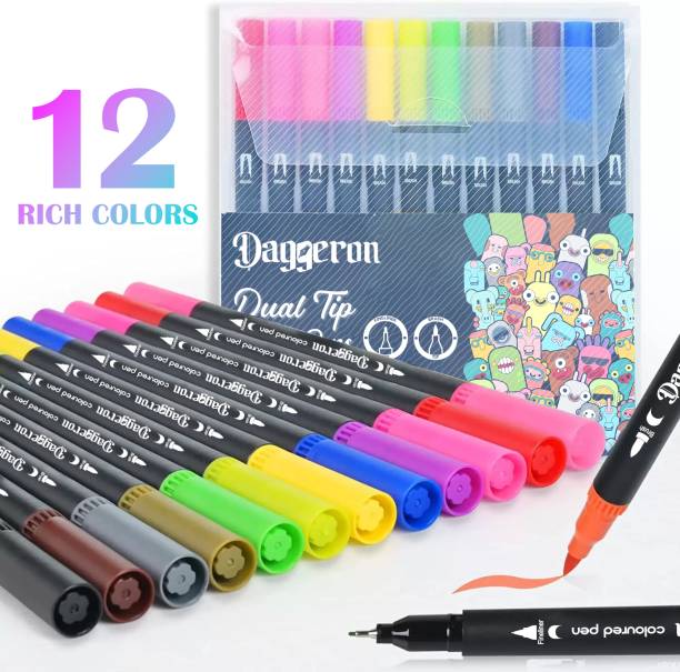 Daggeron Dual Markers Brush Pen, 12 Colored Markers, Fine Point and Brush Tip Art Markers