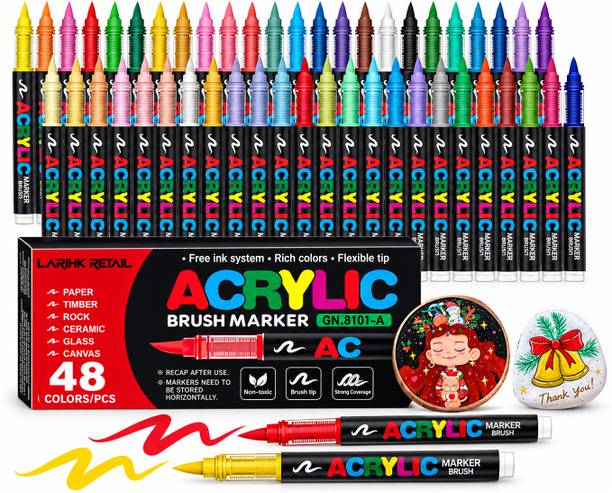 LarihkRetail Acrylic Paint Marker Pens Set of 48, Brush Tip, Multi-Surface Art Markers