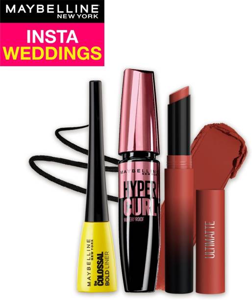 MAYBELLINE NEW YORK InstaWeddings Pack of 3-Ultimatte Lipstick,Colossal Bold Liner,Hypercurl Mascara