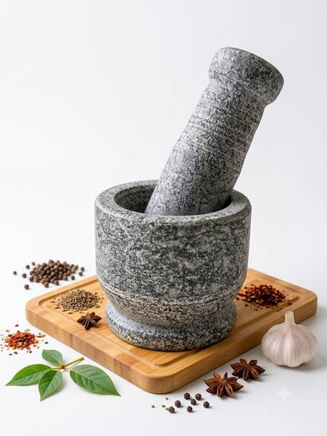Cruzun Mortar and Pestle Set 4" Inch Idikallu Spices/Ural/Okhli Masher/Khalbatta/imam Stoneware Masher