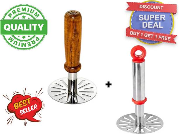 octane Stainless Steel Potato Masher, Pav Bhaji Masher with (Wooden + Steel ) Handle Stainless Steel Masher
