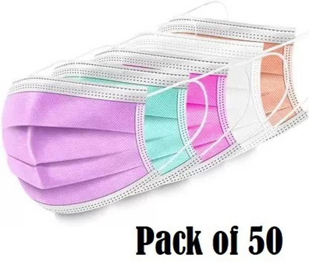 Wellstar Cloth Mask Face Masks Export Quality Non Woven Fabric Mask With 3 Layer Protection and Comfortable Nose Clip (Purple,Orange,Pink,White,Green) (Pack of 50 10 Each) Non-Washable Surgical Mask With Melt Blown Fabric Layer
