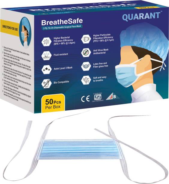 QUARANT 3 Ply Tie On Disposable Surgical Face Mask, UV Sterilized, ASTM 3 Certified Q3STO Water Resistant Surgical Mask With Melt Blown Fabric Layer
