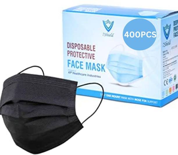 7SHIELD Black Surgical Mask With Nose Pin Disposable ISO Mark Breathable Surgical Mask Pollution Face Mask 3 Layer For Men, Women, Kids(400 Piece) (Premium Black Mask) Reusable Surgical Mask With Melt Blown Fabric Layer
