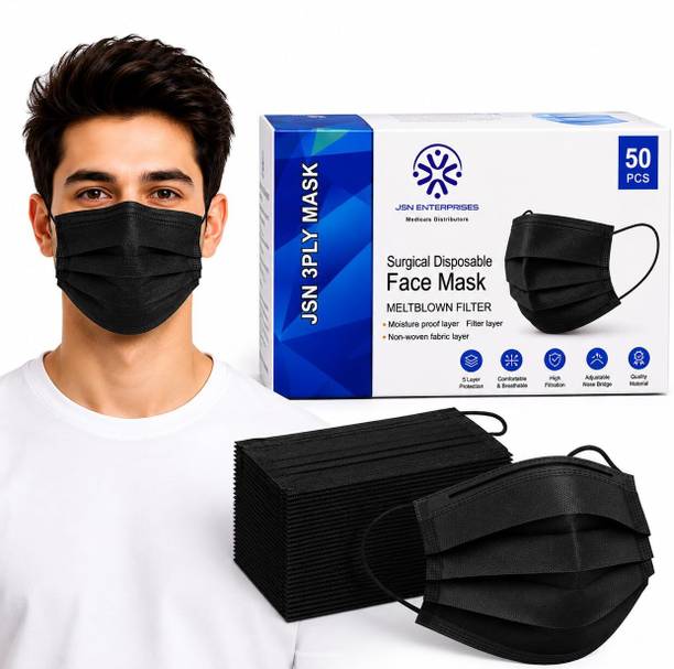 JSN ENTERPRISES 3 Layer Face Mask with Melt Blown Filter Universal Size Disposable Non Woven Polypropylene Protective Mask for Safety Hygiene Travel and Daily Use, Black Water Resistant Surgical Mask With Melt Blown Fabric Layer