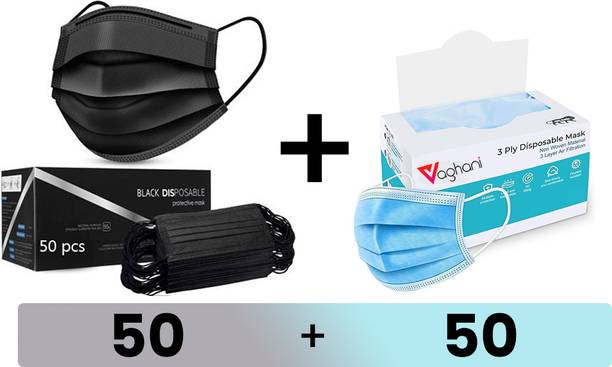 Vaghani 100Pcs With Pin Black and Blur 3 Ply Pharmaceutical Surgical Mask with 3 Layer 3 Ply Surgical Mask (100 Pcs ( Black +Blue)) Surgical Mask With Melt Blown Fabric Layer