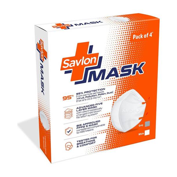 Savlon Savlon Mask - Pack of 4 | BIS Certified FFP2 S Mask (comparable to N95)| Ear-loop|White SVMSWF4