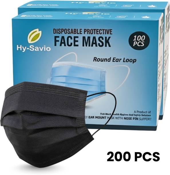 hysavio 3 Ply Black Surgical Disposable Face Mask (200 Pcs) with Nose Pin & Soft Ear Loop Water Resistant, Non-Reusable Surgical Mask With Melt Blown Fabric Layer